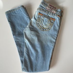 TRUE RELIGION SLIM STRAIGHT LEG SUPER T DENIM JEAN! SIZE 24! LIGHT DENIM WASH!